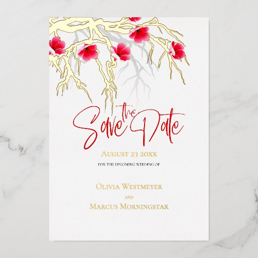 Date Blossom Branchの日本の保存 箔招待状 (正面)