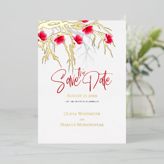 Date Blossom Branchの日本の保存 箔招待状 (立ち正面)