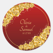 Date + Bride Groom Names, Gold Flowers Maroon Red ラウンドシール (正面)