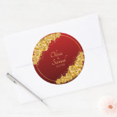 Date + Bride Groom Names, Gold Flowers Maroon Red ラウンドシール (封筒)