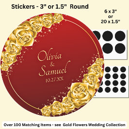 Date + Bride Groom Names, Gold Flowers Maroon Red ラウンドシール