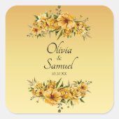 Date + Bride & Groom Names Golden Yellow Flowers スクエアシール (正面)