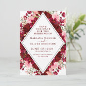 Date BurgundyとPink Waterのカラーフローラを保存 招待状 (スタンド正面)