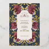 Date Burgundy Navy Blue Pimpernelヴィンテージ 箔招待状 (正面)