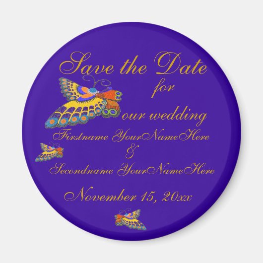 Date Butterflyの金ゴールド紫を結婚保存する マグネット (正面)