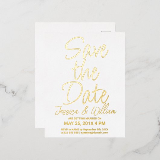 Date Foilタイポグラフィモダンデザインの保存 箔招待状ポストカード (正面/裏面)