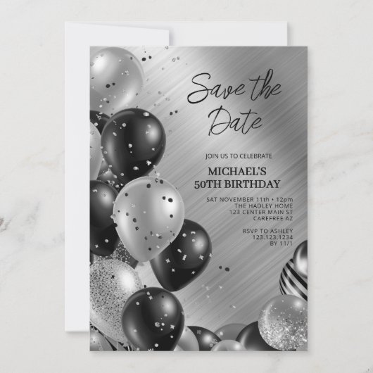 Date Silver 50誕生日を保存 招待状 (正面)