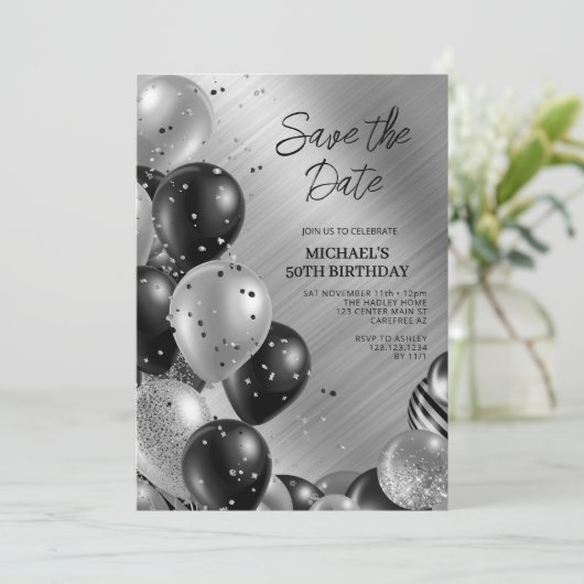 Date Silver 50誕生日を保存 招待状 (スタンド正面)