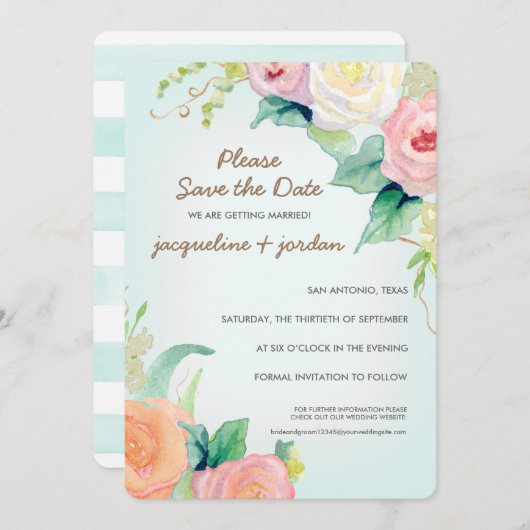 Date Waterカラーモダンフローラバラの保存 招待状 (正面/裏面)