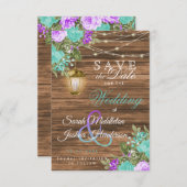 Date Woodティール(緑がかった色)とかわいらし紫色の花を保存する セーブザデート (正面/裏面)