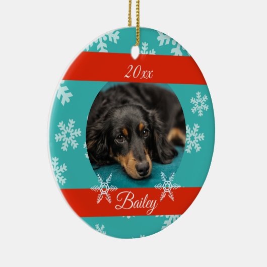 datedクリスマスのペット写真 青いホリデースノーフレーク セラミックオーナメント (右)