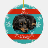 dated クリスマスのペット写真 青いホリデースノーフレーク セラミックオーナメント (裏面)