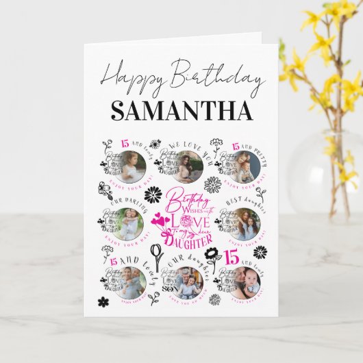 Daughter Birthday Photo Collage Typography  カード (黄色い花)