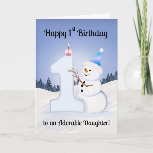 Daughter Happy 1st Birthday Snowman Building カード (正面)