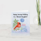 Daughter Happy January Birthday Cardinal with Cake カード (正面)