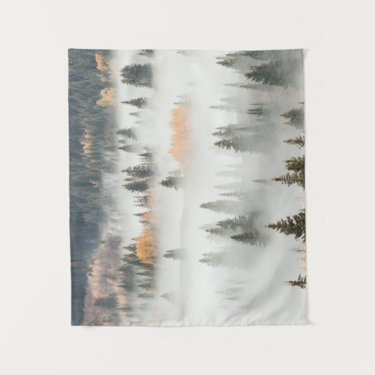 Dawn Ground Fog Covers Mountain Forest タペストリー (正面)