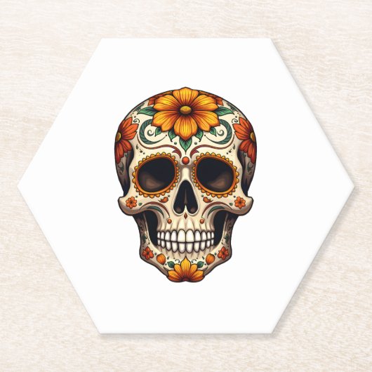 Day Of Dead Sugar Skull Floral Skeleton Head Bone ペーパーコースター (正面)