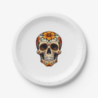 Day Of Dead Sugar Skull Floral Skeleton Head Bone  ペーパープレート
