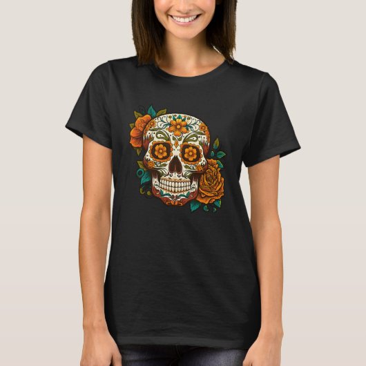 Day Of Dead Sugar Skull Floral Skeleton Head Bone Tシャツ (正面)