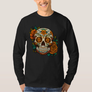 Day Of Dead Sugar Skull Floral Skeleton Head Bone  Tシャツ