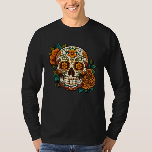 Day Of Dead Sugar Skull Floral Skeleton Head Bone Tシャツ (正面)