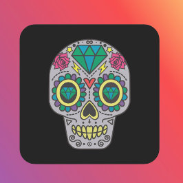 Day of the DeadバラとCrystalスカル on Black スクエアシール