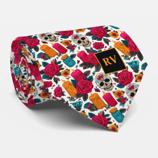 Day of the Dead Candles, Roses and Sugar Skulls ネクタイ (ロール)