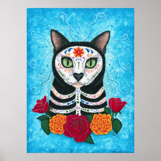 Day of the Dead Cat, Sugarスカル猫アートポスター ポスター (正面)