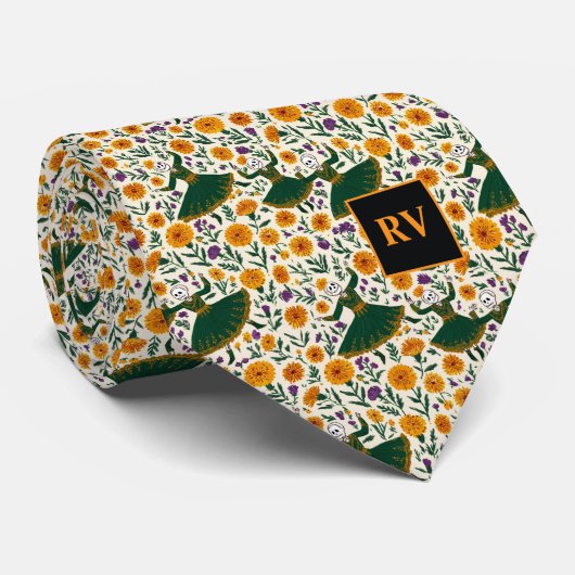 Day of the Dead Dancing Skeleton Girls with Marigo ネクタイ (ロール)