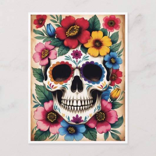 Day of the Dead Floral Skull ポストカード (正面)