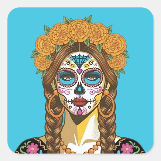 Day of the Dead Marigold Catrina スクエアシール (正面)