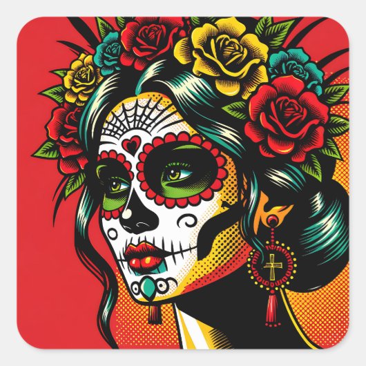 Day of the dead Mexican Catrina Roses スクエアシール (正面)