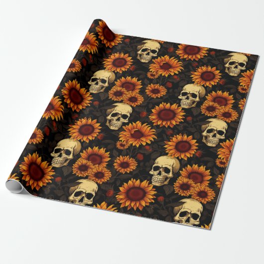 Day of the Dead Skull and Sunflowers ラッピングペーパー (アンロールド)