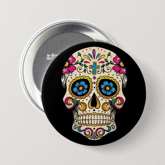 Day of the Dead Sugarスカルwith Cross Button 缶バッジ (正面&裏面)