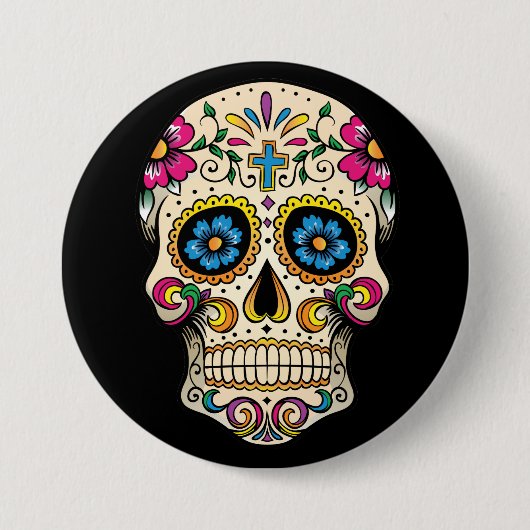 Day of the Dead Sugarスカルwith Cross Button 缶バッジ (正面)