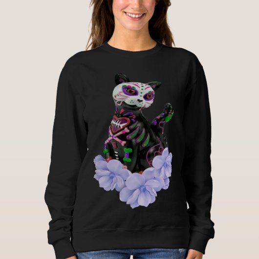 Day Of The Dead Sugar Skull Cat Purple Flowers スウェットシャツ (正面)