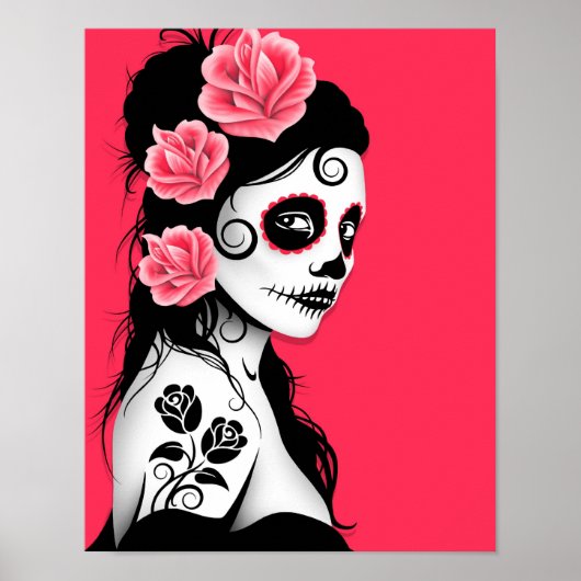 Day of the Dead Sugar Skull Girl - Pink ポスター (正面)