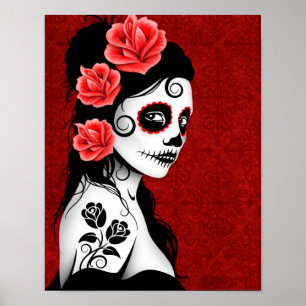 Day of the Dead Sugar Skull Girl - red ポスター