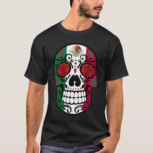 Day Of The Dead Sugar Skull Halloween Mexican Flag Tシャツ (正面)