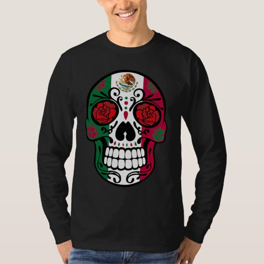 Day Of The Dead Sugar Skull Halloween Mexican Flag Tシャツ (正面)