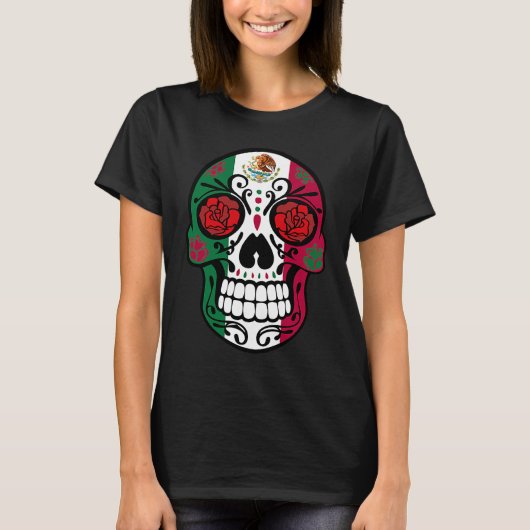 Day Of The Dead Sugar Skull Halloween Mexican Flag Tシャツ (正面)