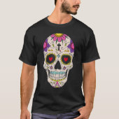 Day of the Dead Sugar Skull Red Roses Hearts Tシャツ (正面)