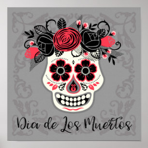 Day of the Dead Sugar Skull with Roses ポスター