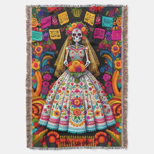 Day of the Dead Wedding Skeleton Bride スローブランケット (正面縦)
