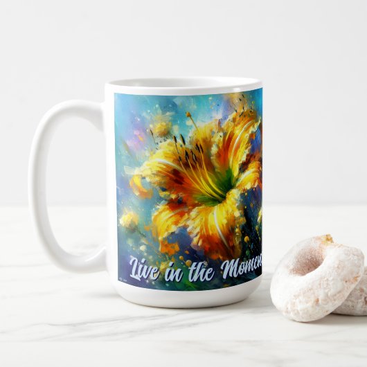 Daylily Daylilies Flower Yellow Teal Personalized コーヒーマグカップ (ドーナツ)
