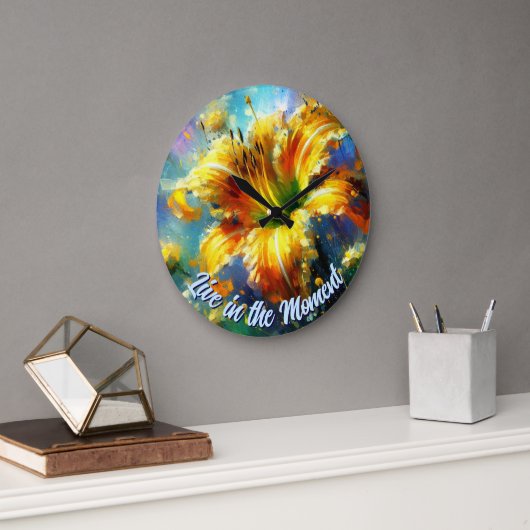 Daylily Daylilies Flower Yellow Teal Personalized ラージ壁時計 (オフィス)