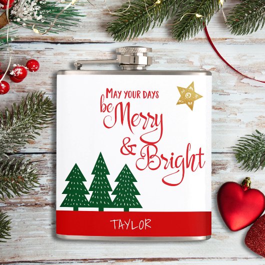 Days Be Merry Bright Script グリーンツリー ゴールドスター フラスク
