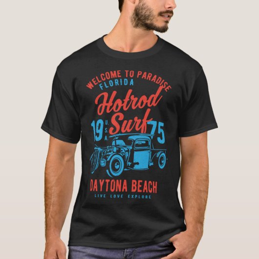 Daytona Beach Florida Retro Hotrod Surf Distressed Tシャツ (正面)