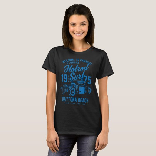 Daytona Beach Florida Retro Hotrod Surf Distressed Tシャツ (正面フル)