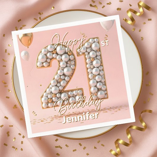 Dazzling Blush Pink and Pearl Gold 21st Birthday スタンダードカクテルナプキン
